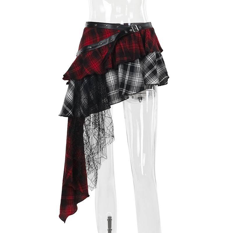 Harajuku Grunge Gothic Rock Damen Streetwear Punk Dark Plaid Patchwork Unregelmäßiger Rock Y2k E-Girl Emo Alternative Rock L rot von Joom DACH