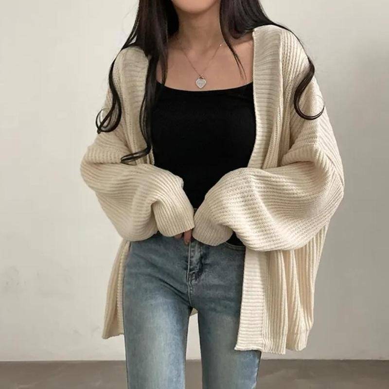 Harajuku Oversize Cardigan Pullover Frauen Casual Lose Faul Wind Koreanische Tops Vintage Langarm Dame Einfache Design Strickjacke One size apricot von Joom DACH