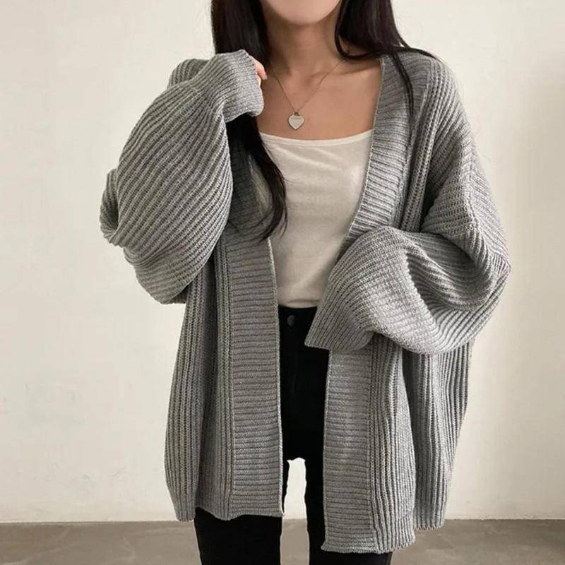 Harajuku Oversize Cardigan Pullover Frauen Casual Lose Faul Wind Koreanische Tops Vintage Langarm Dame Einfache Design Strickjacke One size graue von Joom DACH