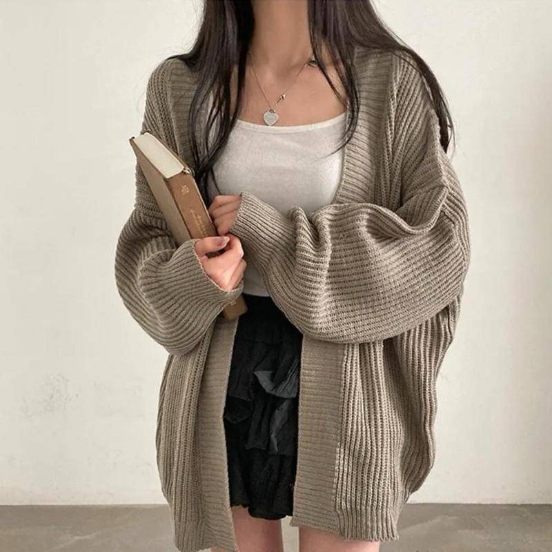 Harajuku Oversize Cardigan Pullover Frauen Casual Lose Faul Wind Koreanische Tops Vintage Langarm Dame Einfache Design Strickjacke One size kaffeebraun von Joom DACH