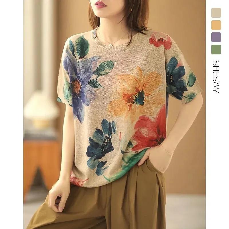 Harajuku Retro Frauen Sommer Herbst Mode Kleidung Vintage Floral Print Rundhals Halbe hülse Stricken Pullover Dame Lose Pullover 3XL von Joom DACH