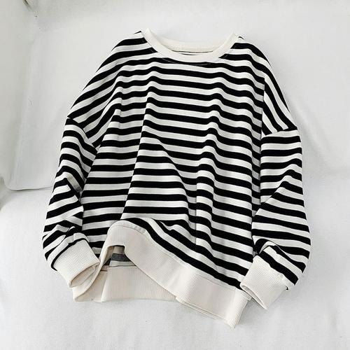 Harajuku Vintage Gestreiften Patchwork Sweatshirt Übergroßen beiläufige Hoodies Frauen Oansatz Baumwolle Pullover dünne y2k Tops Streetwear XXL schwarz von Joom DACH