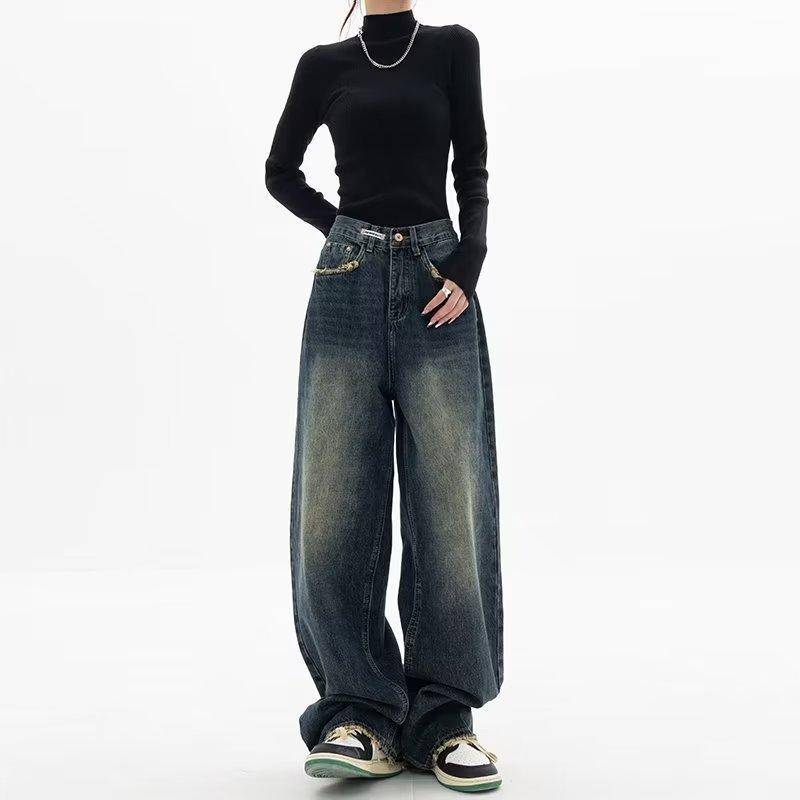 Harajuku Y2K Baggy Jeans Frauen Streetwear Retro-Mode Herbst Hohe Taille Hosen Lose Breite Bein Denim Hosen Weibliche M blau von Joom DACH