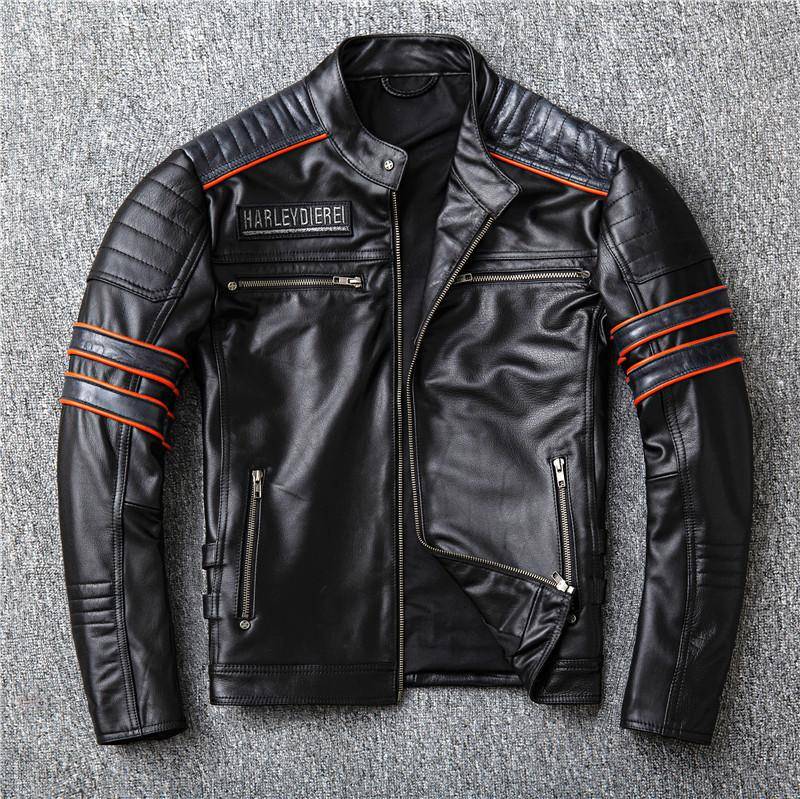 Harley Motorrad Bestickte Totenkopf Schicht Rindsleder Leder Lederjacke für Männer Aus Alten Kurze Lederjacke Motorrad Reiten Tragen 5XL von Joom DACH