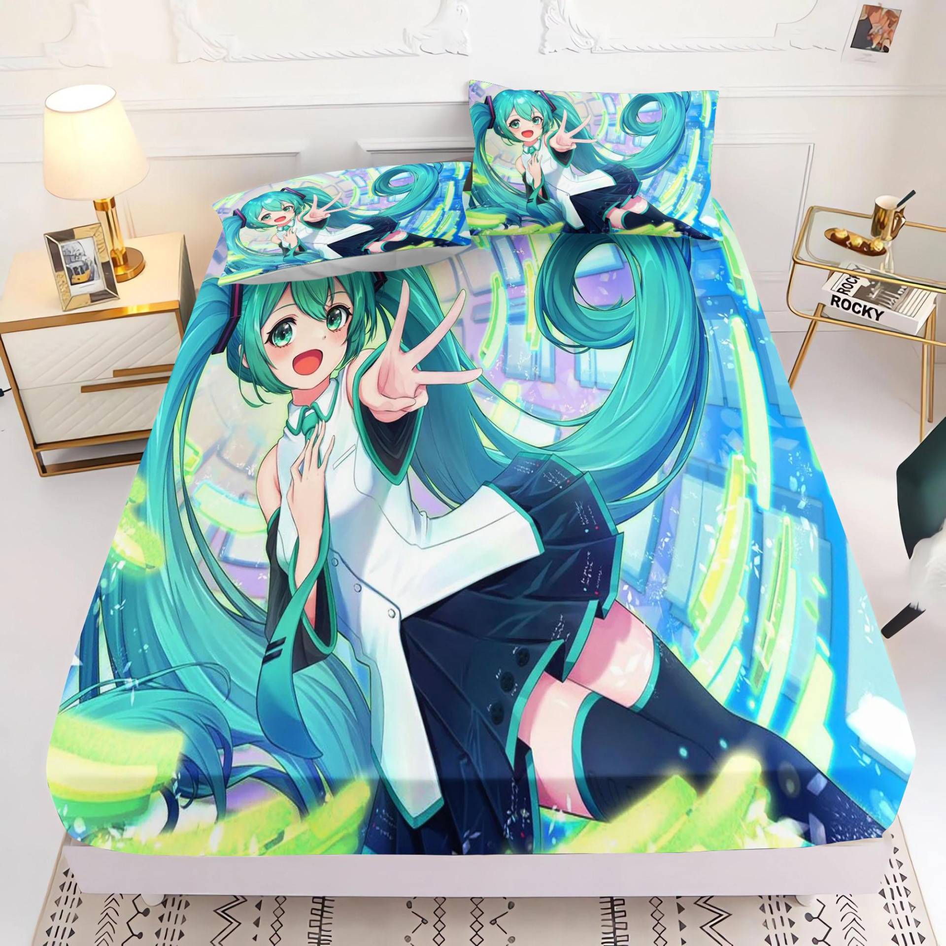 Hatsune Miku Bedrucktes Spannbettlaken Comforte Bettbezug Komplettset 3D Kinderbettwäsche Anime Raumdeko Zuhause 120x200x30cm von Joom DACH