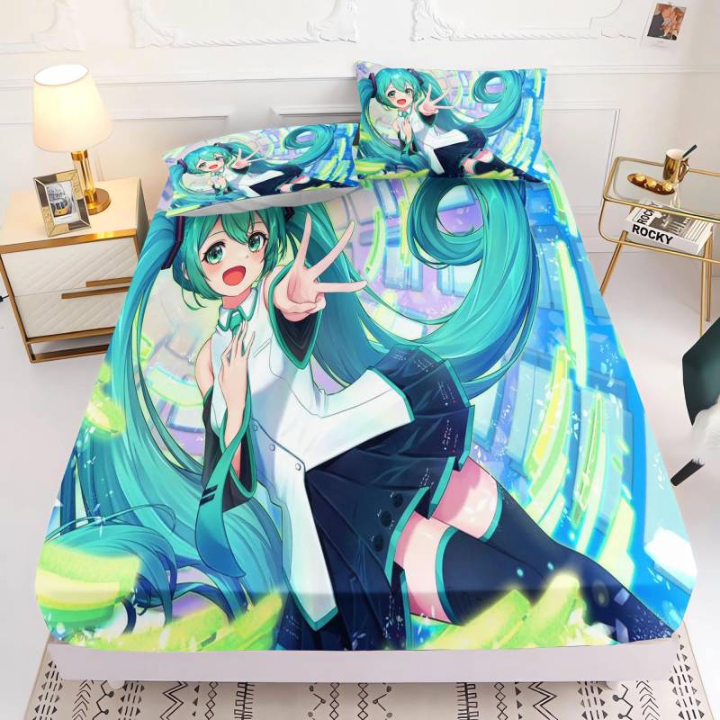 Hatsune Miku Bedrucktes Spannbettlaken Comforte Bettbezug Komplettset 3D Kinderbettwäsche Anime Raumdeko Zuhause 120x200x30cm von Joom DACH