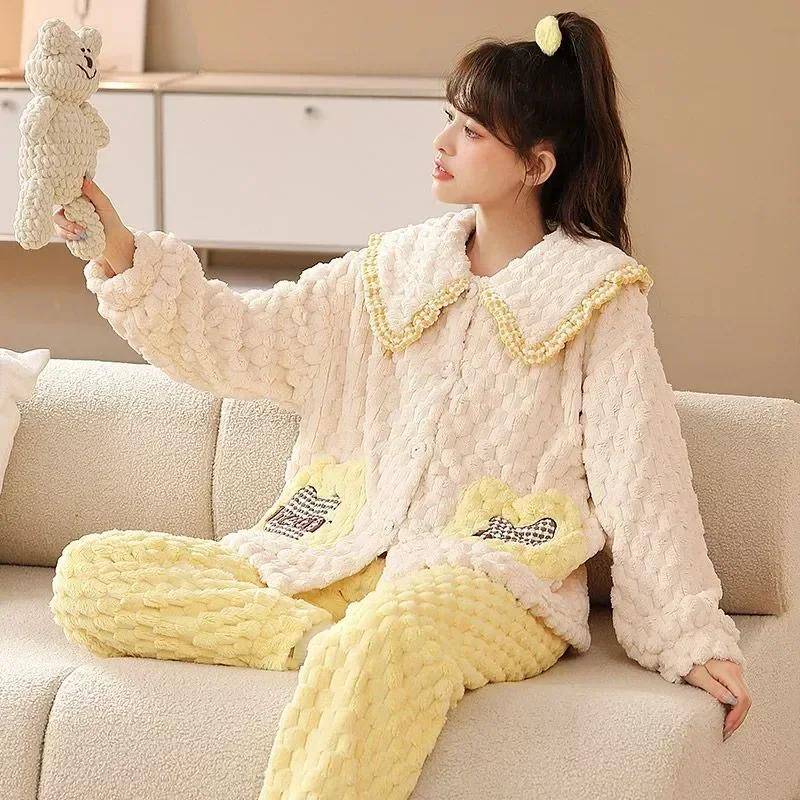 Haus Freizeit Flanell Pyjama Damen Warm Herbst Neu Locker Verdickt Winter Zweiteiliger Pyjama XL von Joom DACH