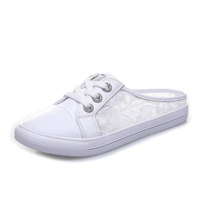 Hausschuhe Damen Oberbekleidung Mode Sommer Neue Allgleiches Lazy Flat Bottom Mesh Atmungsaktive Halbschleppe Leder Weiße Schuhe 34 weiß von Joom DACH