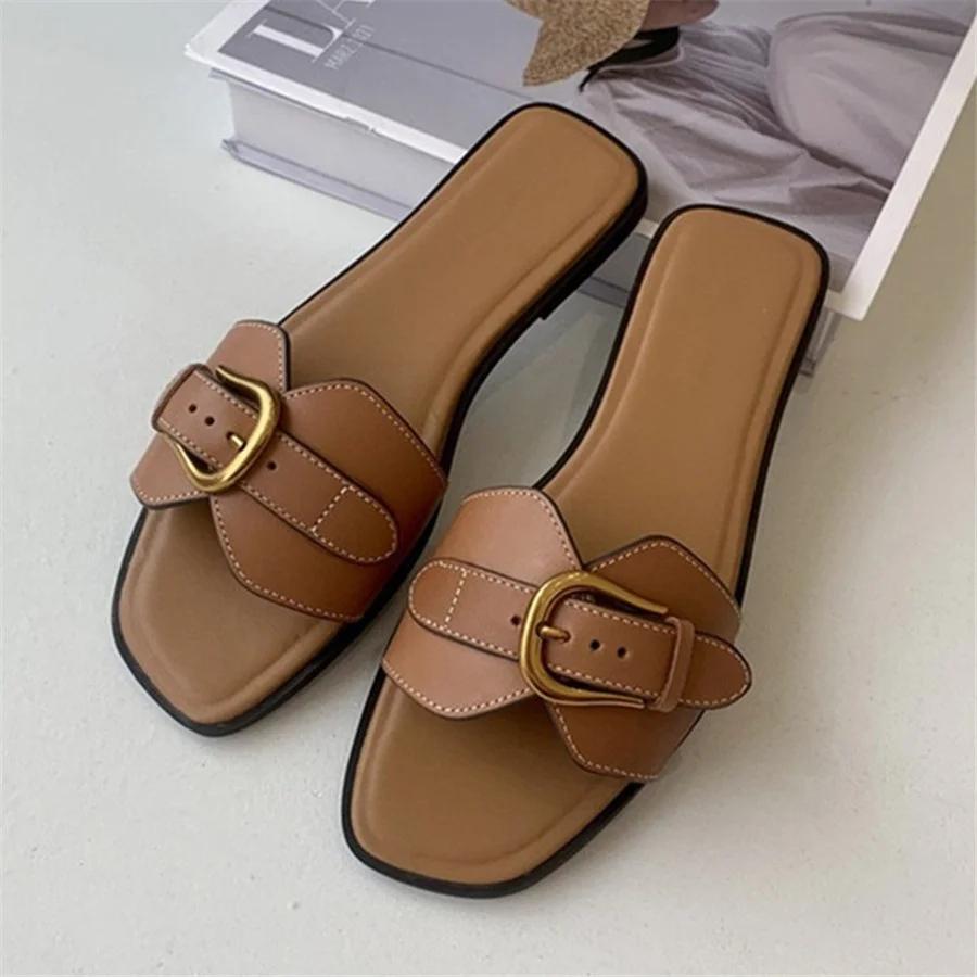 Hausschuhe für Frauen Sommer Strand Wohnungen Damen Schnalle Slides Gladiator Sandalen Luxus Leder Pantoletten Zapatos Mujer 40 braun von Joom DACH
