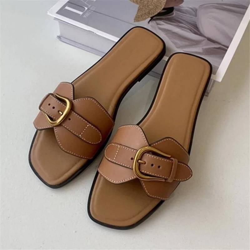 Hausschuhe für Frauen Sommer Strand Wohnungen Damen Schnalle Slides Gladiator Sandalen Luxus Leder Pantoletten Zapatos Mujer 39 von Joom DACH