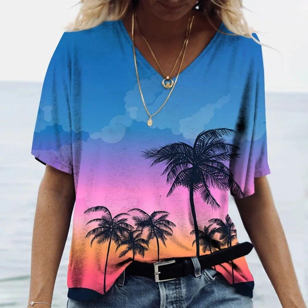 Hawaii-T-Shirt, weiblich, Ctop-Top, V-Ausschnitt, kurzärmelig, Kokosnussbaum-Druck, feminin, übergroße Kleidung, Urlaubs-Damen-Top 5XL von Joom DACH