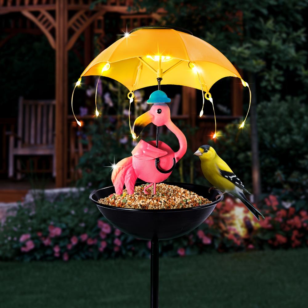 Heimdekoration Mock-Flamingo-Statue, Eisenstatue mit LED-Solarlicht-Kollektion, mit Vogelfutterspender-Funktion, Rasen, Terrasse, Gartendekoration rosa von Joom DACH