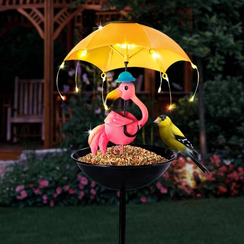 Heimdekoration Mock-Flamingo-Statue, Eisenstatue mit LED-Solarlicht-Kollektion, mit Vogelfutterspender-Funktion, Rasen, Terrasse, Gartendekoration rosa von Joom DACH