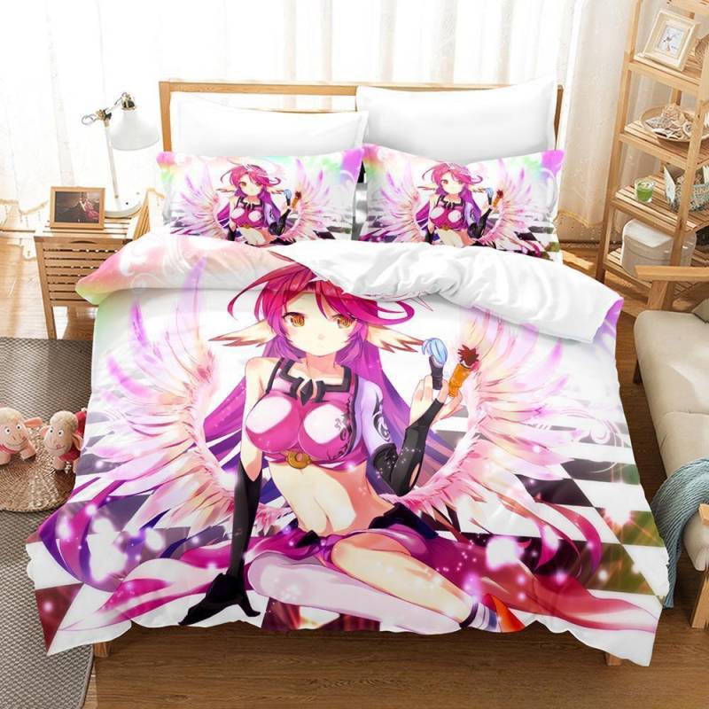 Heimtextilien No Game No Life Bettwäsche-Set Cartoon Anime dreiteiliges Set Erwachsene Kinder Schlafzimmer Bettbezug Sets 3D-Druck Kawaii Mädchen EU Twin 135x200cm von Joom DACH
