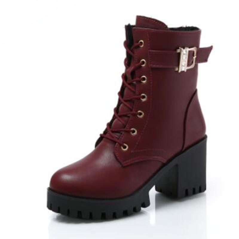 Heißer Verkauf 2024 NEU Damen Stiefel Schnürung Flache Biker Weinrote Stiefel Schuhe Schnalle Frau Botas Plateauabsätze Herbst und Winter 39 von Joom DACH
