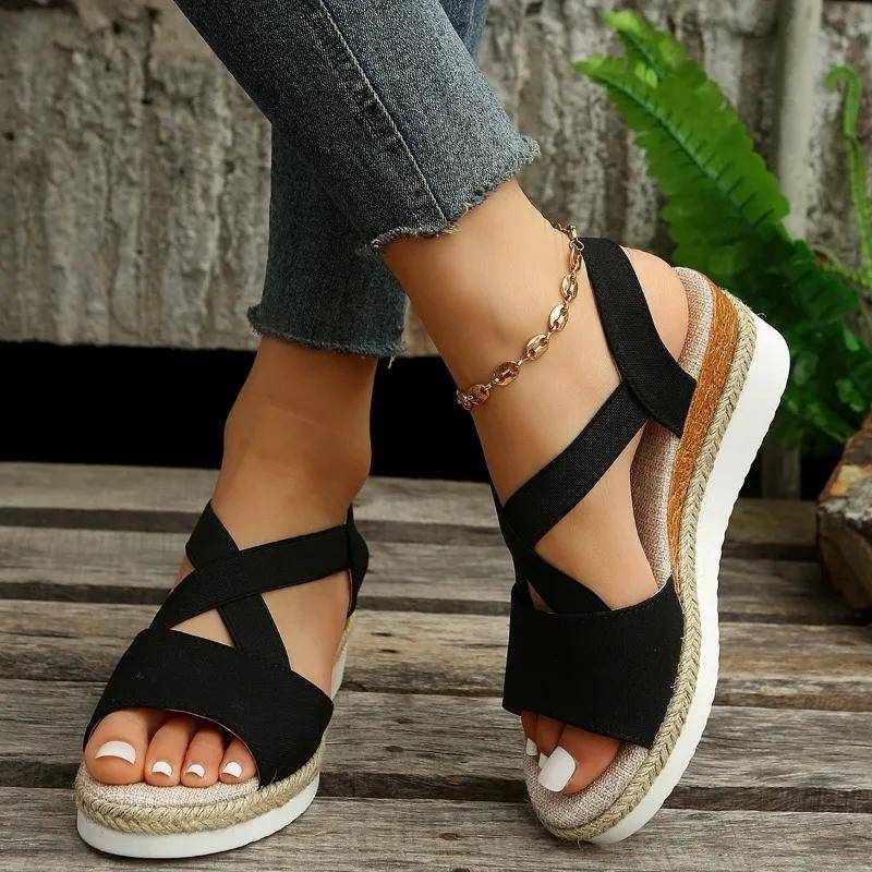Heißer Verkauf Damen Schuhe Elastisches Band Damen Sandalen Mode Peeptoe Freizeit Sandalen Damen Sommer Übergröße Keilsandalen 43 schwarz von Joom DACH