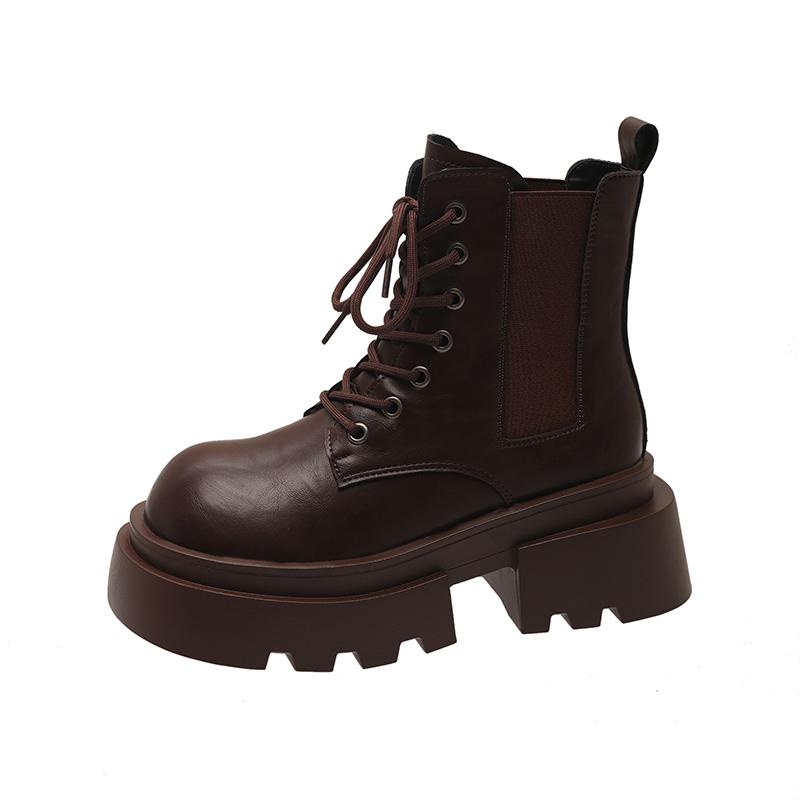 Heißer Verkauf Damenschuhe Knöchel Damenstiefel Plateau Moderne Stiefel Damen Vordere Schnürung Runde Kappe Quadratische Ferse Schuhe Weiblich 39 braun von Joom DACH