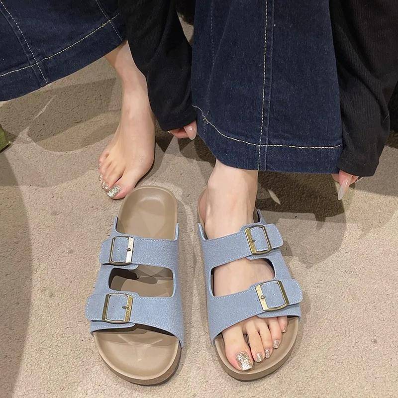Heißer Verkauf Schuhe Weibliche Sommer frauen Hausschuhe Solide Flock Schnalle Dekoration Offene spitze Niedrigen absätzen Koreanische Version Hausschuhe 40 denim-blau von Joom DACH