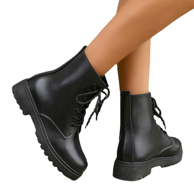 Heißer Verkauf Schuhe für Damen Winter Damenstiefel Einfarbig Runde Zehenpartie Niedrig Absatz Wasserdicht Schnürschuhe Zapatillas De Mujer 43 schwarz von Joom DACH