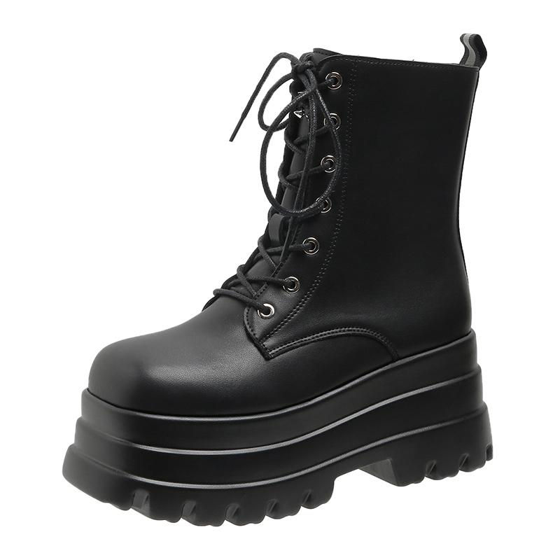 Heißer Verkauf Schuhe für Damen Winter Damenstiefel Mid-Calf Einfarbig Runde Zehenpartie Mittelhoch Wasserdicht Schnürschuhe Damen 42 schwarz von Joom DACH