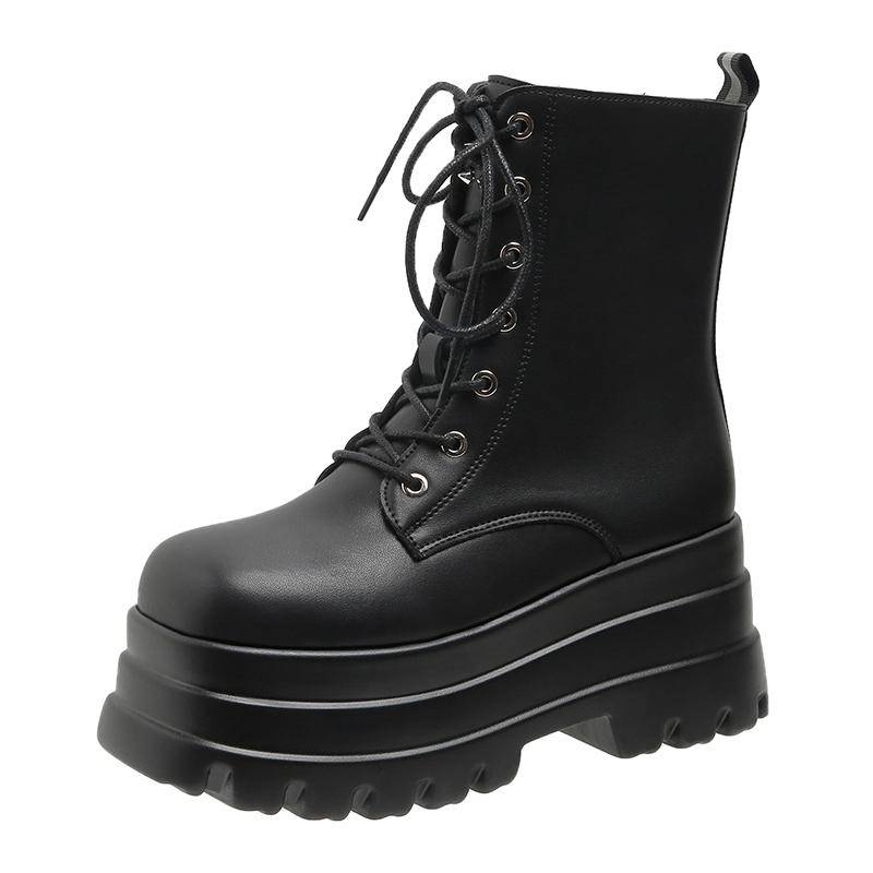 Heißer Verkauf Schuhe für Damen Winter Damenstiefel Mid-Calf Einfarbig Runde Zehenpartie Mittelhoch Wasserdicht Schnürschuhe Damen 42 schwarz von Joom DACH