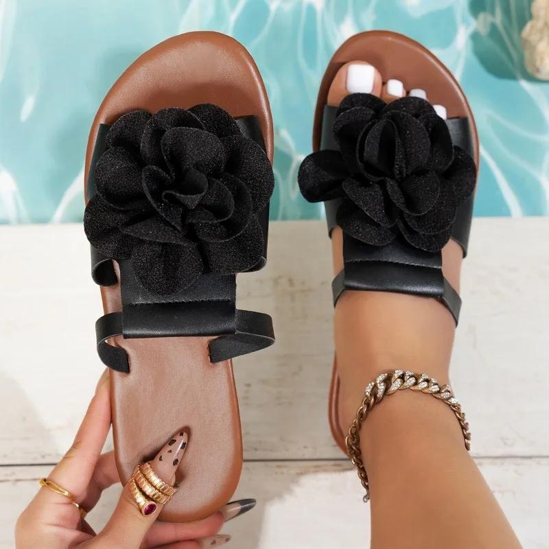 Heißer Verkauf Schuhe für Frauen Offene Spitze Damen Hausschuhe Outdoor Tägliche Hausschuhe Frauen Blumen Runde Spitze Flache mit Plus Größe Sandale 37 schwarz von Joom DACH