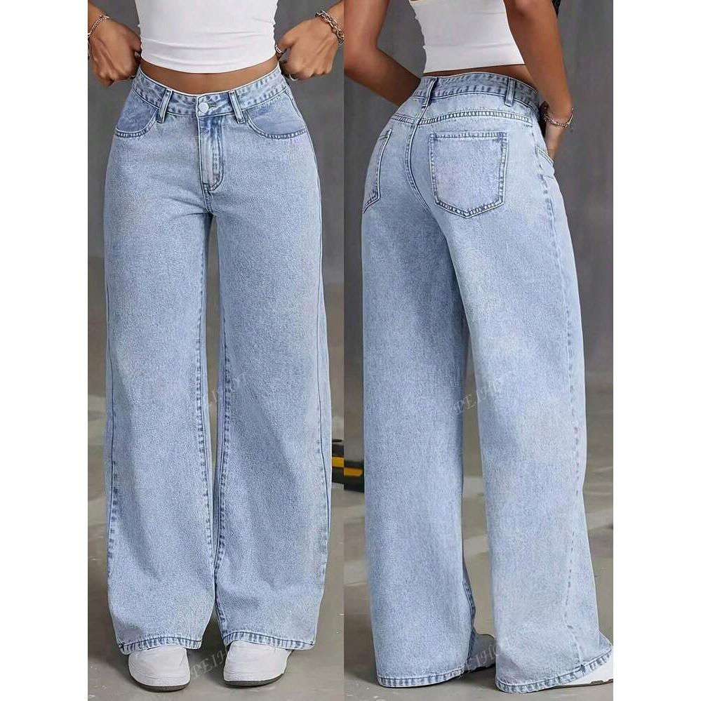 Hellblaue High-Waist Wide-Leg Jeans für Damen Lässige Locker sitzende Denimhose mit Vorder- und Gesäßtaschen S blau von Joom DACH