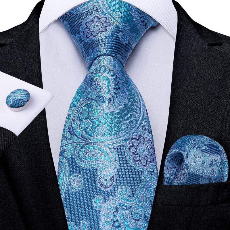 Hellblaue Paisley-gestreifte Seidenkrawatten für Männer, Taschentuch, Manschettenknöpfe, Hochzeitsaccessoires, Krawatten-Set, Geschenk für Männer, DiBanGu 0020 von Joom DACH
