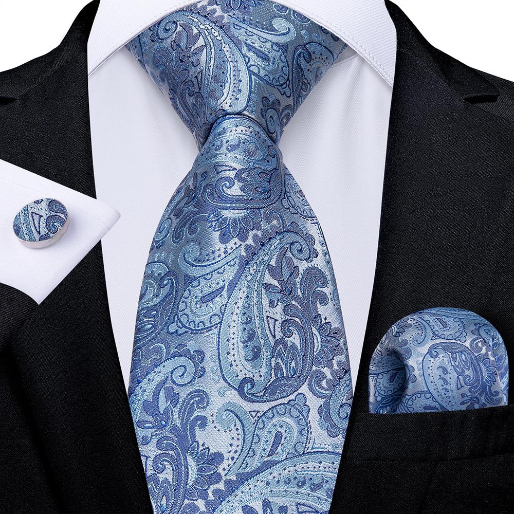 Hellblaue Paisley-gestreifte Seidenkrawatten für Männer, Taschentuch, Manschettenknöpfe, Hochzeitsaccessoires, Krawatten-Set, Geschenk für Männer, DiBanGu 7493 von Joom DACH