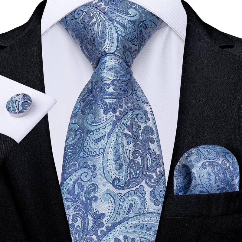 Hellblaue Paisley-gestreifte Seidenkrawatten für Männer, Taschentuch, Manschettenknöpfe, Hochzeitsaccessoires, Krawatten-Set, Geschenk für Männer, DiBanGu 7493 von Joom DACH