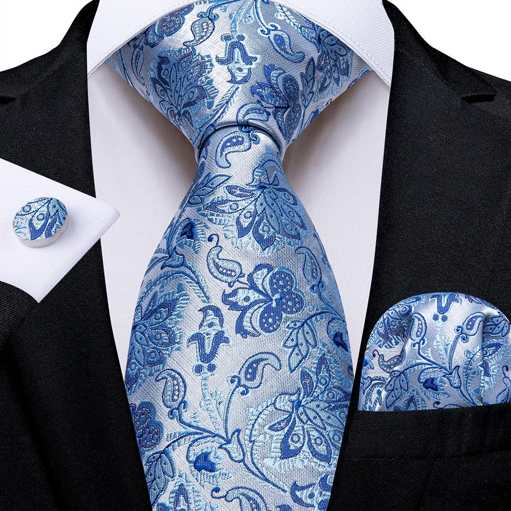 Hellblaue Paisley-gestreifte Seidenkrawatten für Männer, Taschentuch, Manschettenknöpfe, Hochzeitsaccessoires, Krawatten-Set, Geschenk für Männer, DiBanGu 7683 von Joom DACH