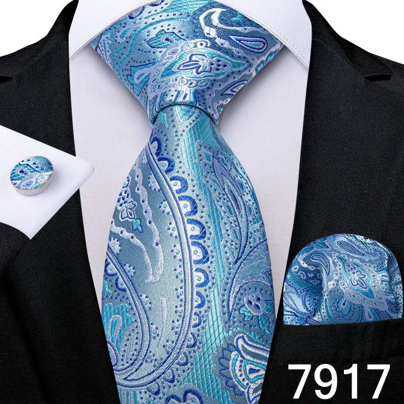 Hellblaue Paisley-gestreifte Seidenkrawatten für Männer, Taschentuch, Manschettenknöpfe, Hochzeitsaccessoires, Krawatten-Set, Geschenk für Männer, DiBanGu N-7917 von Joom DACH