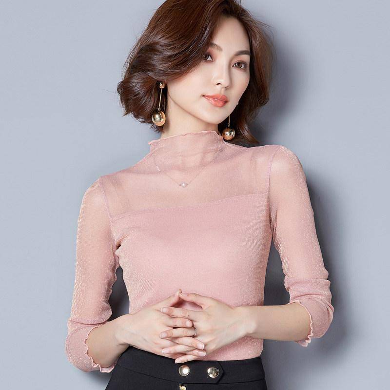 Helles Seiden-Shirt mit transparentem Netz-Basis für Damen, lange Ärmel, neuer Stil für Frühling und Herbst, halber Rollkragen, transparentes Shirt, kurze Glitzerseide 3XL von Joom DACH