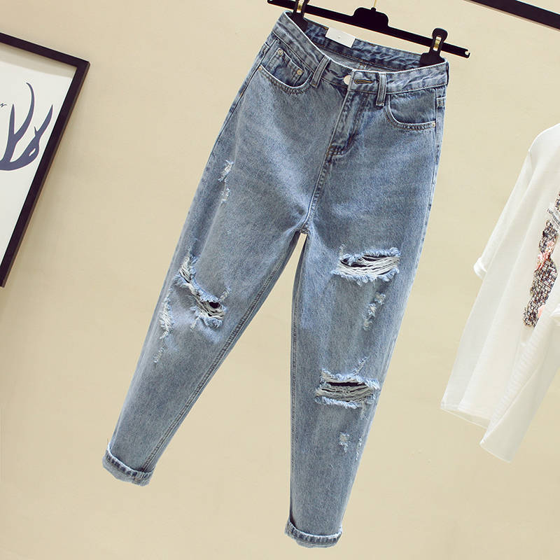 Hellfarbige Jeans für Damen Zerrissene lockere gerade Hosen für Frühling und Sommer Neue hochtaillierte Haremshosen zum Abnehmen Neun-Punkte-Dad-Hosen XXL von Joom DACH