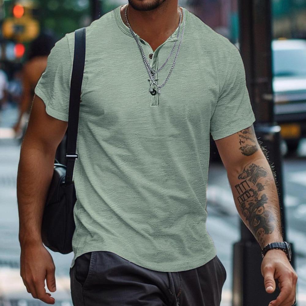 Henry Shirt Sommer Herren Casual Einfarbig Kurzarm T-Shirt für Männer Polo Herren Baumwolle Herren T-Shirts US XXXL(100-110KG) armee grüne von Joom DACH