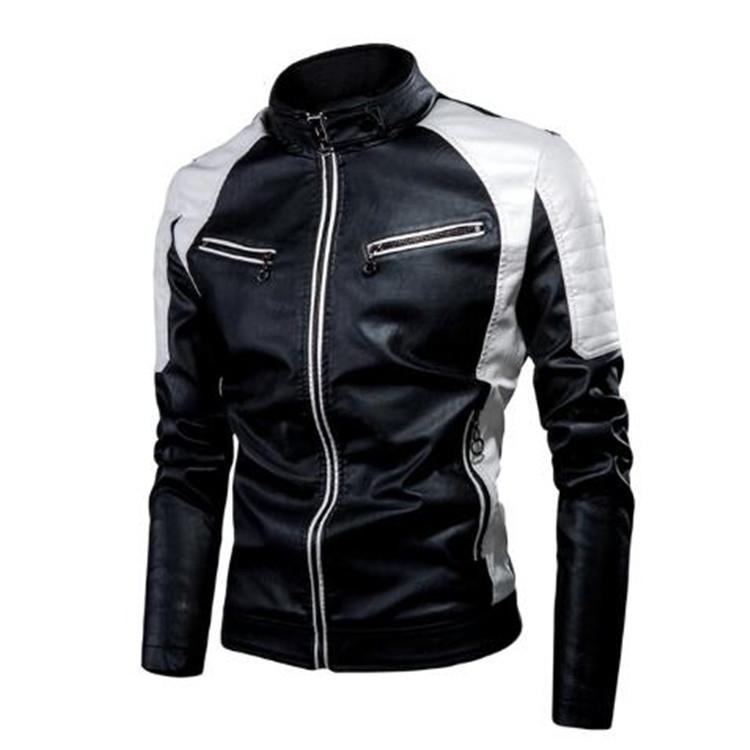 Herbst/Winter Casual Motorrad Spleißen Lederjacke Herrenmode Stehkragen Retro Thermo Lederjacke 5XL von Joom DACH