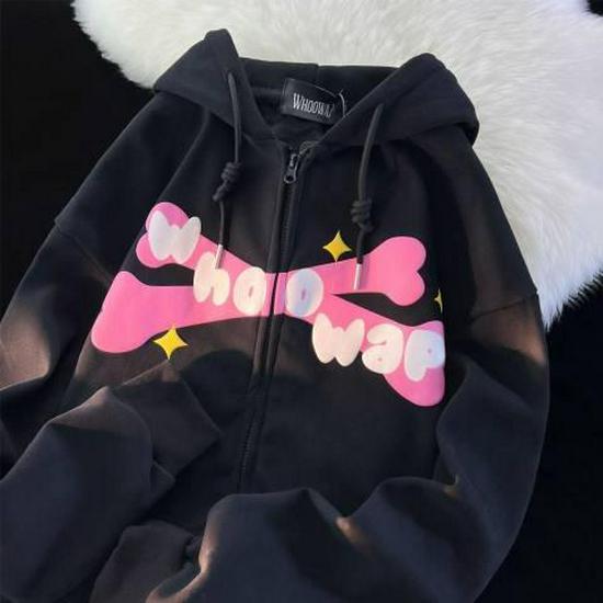 Herbst/Winter Kawaii Cartoon Kapuzen-Fleece-gefütterte Buchstaben-Sweatshirtjacke für Männer/Frauen XXL von Joom DACH