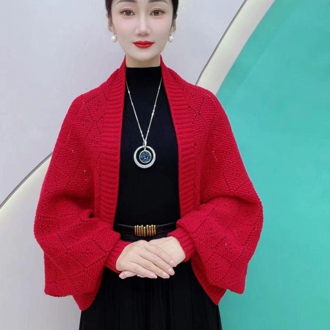 Herbst/Winter Lässig Chic Strickschal Cardigan Gemütlich Warm Stilvoller Wickelschal für Damen One Size rot von Joom DACH