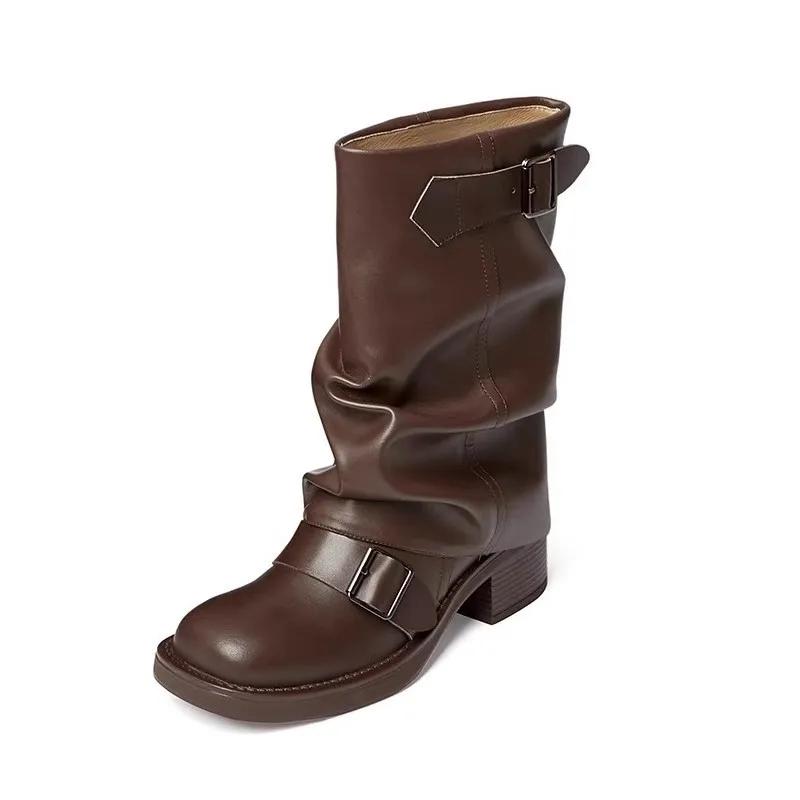 Herbst/Winter Neue Retro Mode Stiefel für Damen Runde Spitze Dicker Absatz Gürtelschnalle Mittelschaft Gefaltete Stiefel mit Blockabsatz 40 braun von Joom DACH