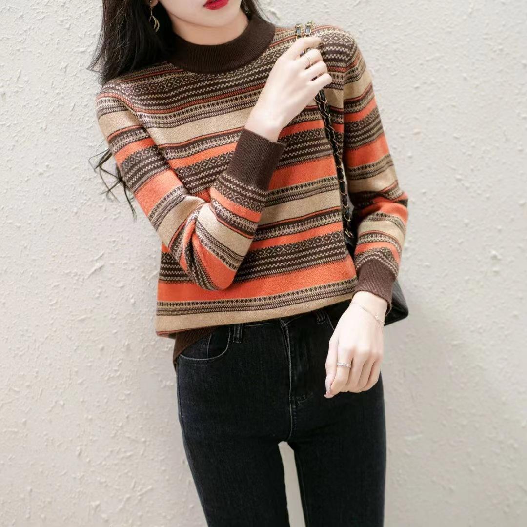 Herbst/Winter Strickpullover Locker Oberbekleidung Colorblocking Streifen Retro Basisshirt Halber Stehkragen Pullover für Damen One size orange von Joom DACH