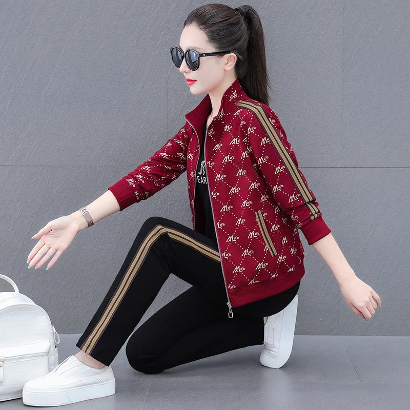 Herbst 2023 Kontrastfarbiger Freizeit-Sportanzug für Frauen mittleren Alters: Bedrucktes Sweatshirt & Sweatpants Set M [recommended for 75-90 jin] von Joom DACH