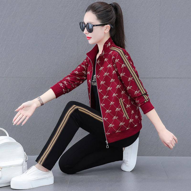 Herbst 2023 Kontrastfarbiger Freizeit-Sportanzug für Frauen mittleren Alters: Bedrucktes Sweatshirt & Sweatpants Set M [recommended for 75-90 jin] von Joom DACH