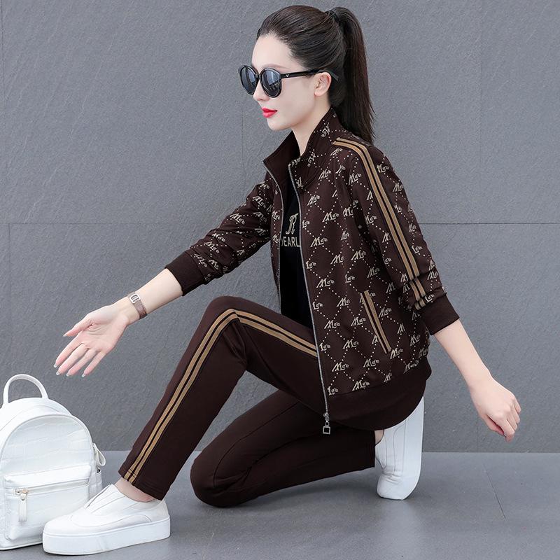 Herbst 2023 Kontrastfarbiger Freizeit-Sportanzug für Frauen mittleren Alters: Bedrucktes Sweatshirt & Sweatpants Set XL [recommended for 100-110 jin] von Joom DACH