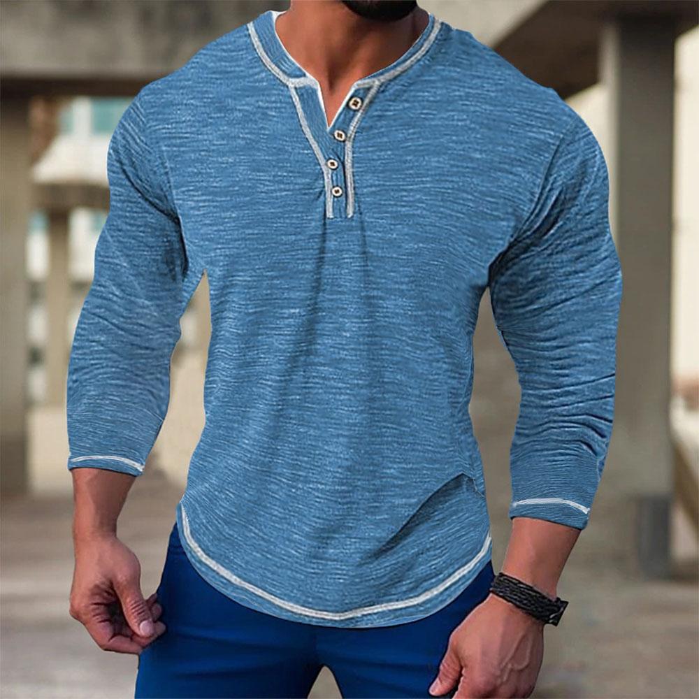 Herbst Baumwolle Langarm T-Shirts für Männer Pullover Casual Herren Sweatshirts Elastische V-Ausschnitt Button Up T-Shirts Männlich L blau von Joom DACH