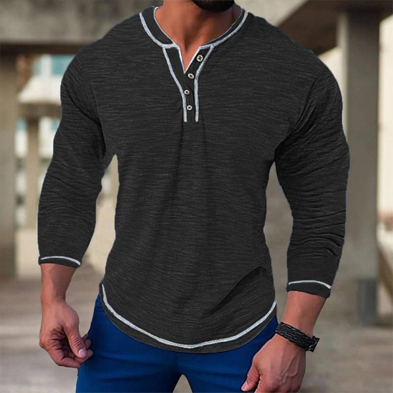 Herbst Baumwolle Langarm T-Shirts für Männer Pullover Casual Herren Sweatshirts Elastische V-Ausschnitt Button Up T-Shirts Männlich M schwarz von Joom DACH
