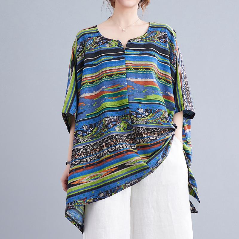 Herbst Bluse Casual Lady T-Shirt Frauen Übergröße Vintage Top Lose Fledermaus Gestreift Große Größe One Size blau von Joom DACH