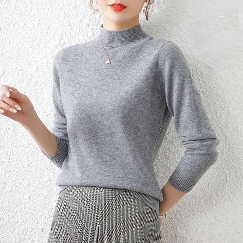 Herbst Büro-dame Gestrickte Langarm Pullover Winter Tops Elegante Halb Hohe Kragen Pullover Mode Warme Frauen Kleidung 29070 One Size graue von Joom DACH