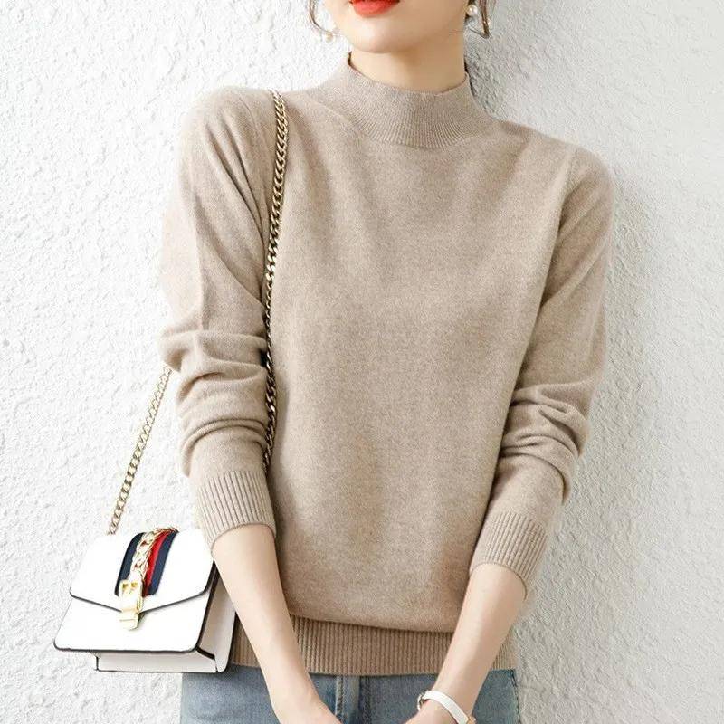 Herbst Büro-dame Gestrickte Langarm Pullover Winter Tops Elegante Halb Hohe Kragen Pullover Mode Warme Frauen Kleidung 29070 One Size kamelfarben von Joom DACH