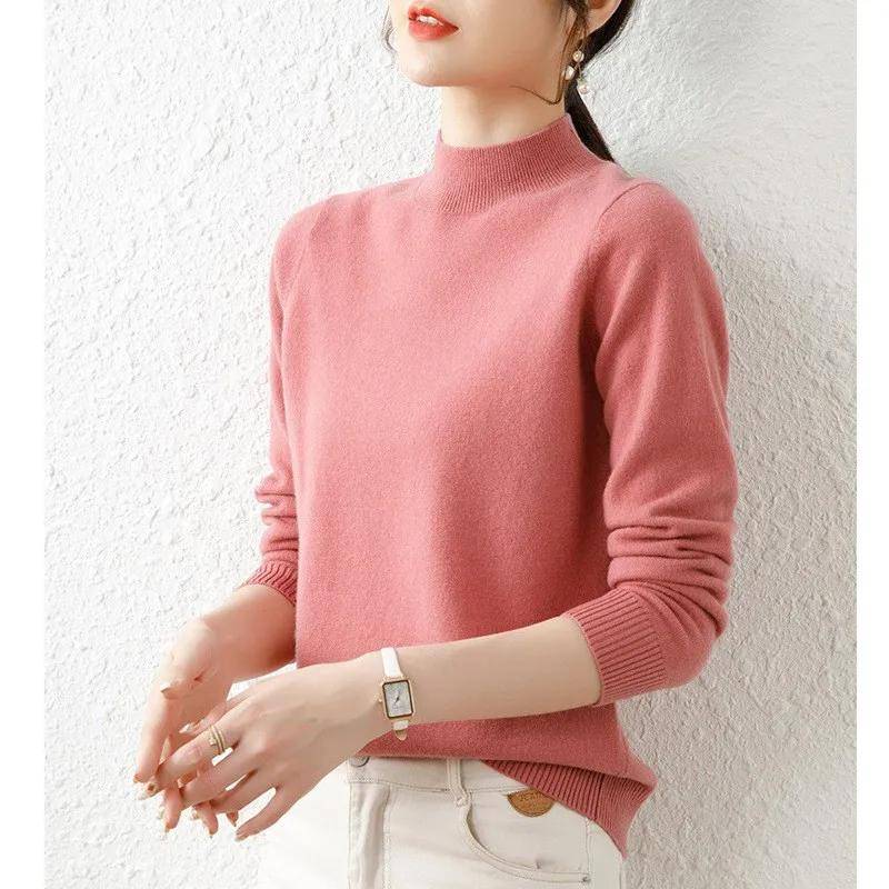 Herbst Büro-dame Gestrickte Langarm Pullover Winter Tops Elegante Halb Hohe Kragen Pullover Mode Warme Frauen Kleidung 29070 One Size rosa von Joom DACH