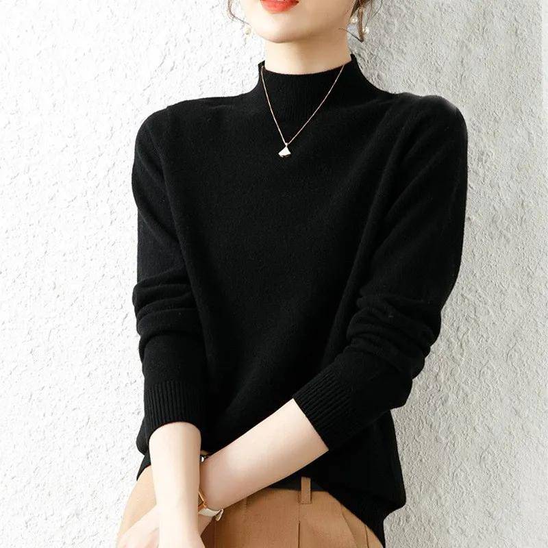 Herbst Büro-dame Gestrickte Langarm Pullover Winter Tops Elegante Halb Hohe Kragen Pullover Mode Warme Frauen Kleidung 29070 One Size schwarz von Joom DACH